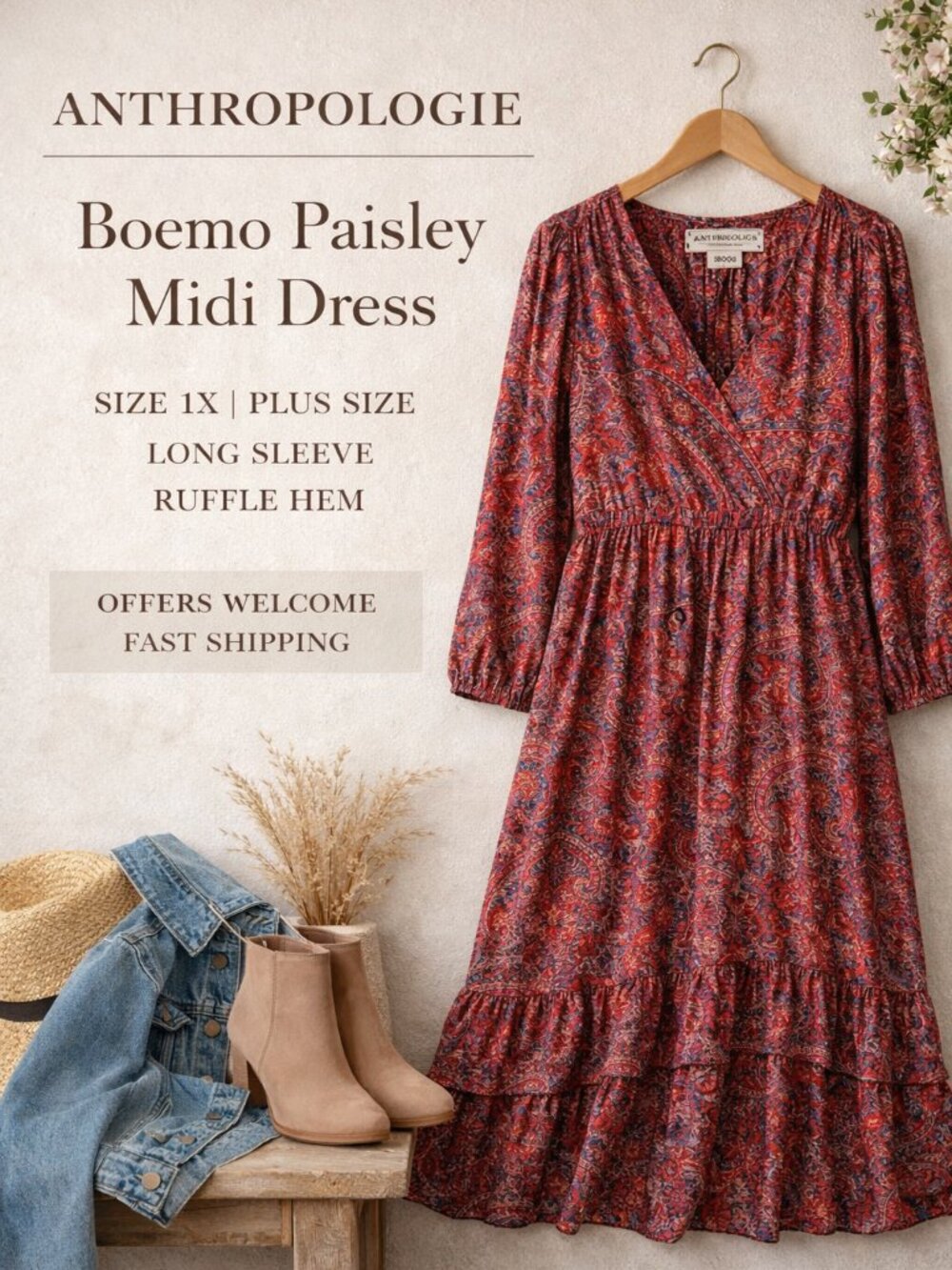 Anthropologie Boemo 1X Paisley Boho Midi Maxi Dress Red Blue Long Sleeve